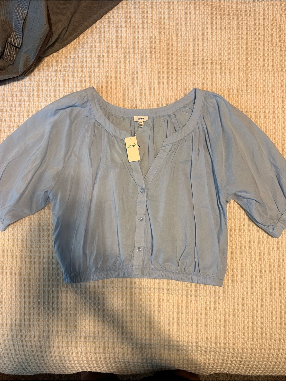 aerie Pale Blue Cropped Button-Front Blouse